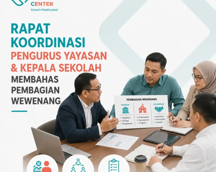 Rapat koordinasi antara pengurus yayasan dan kepala sekolah membahas pembagian wewenang