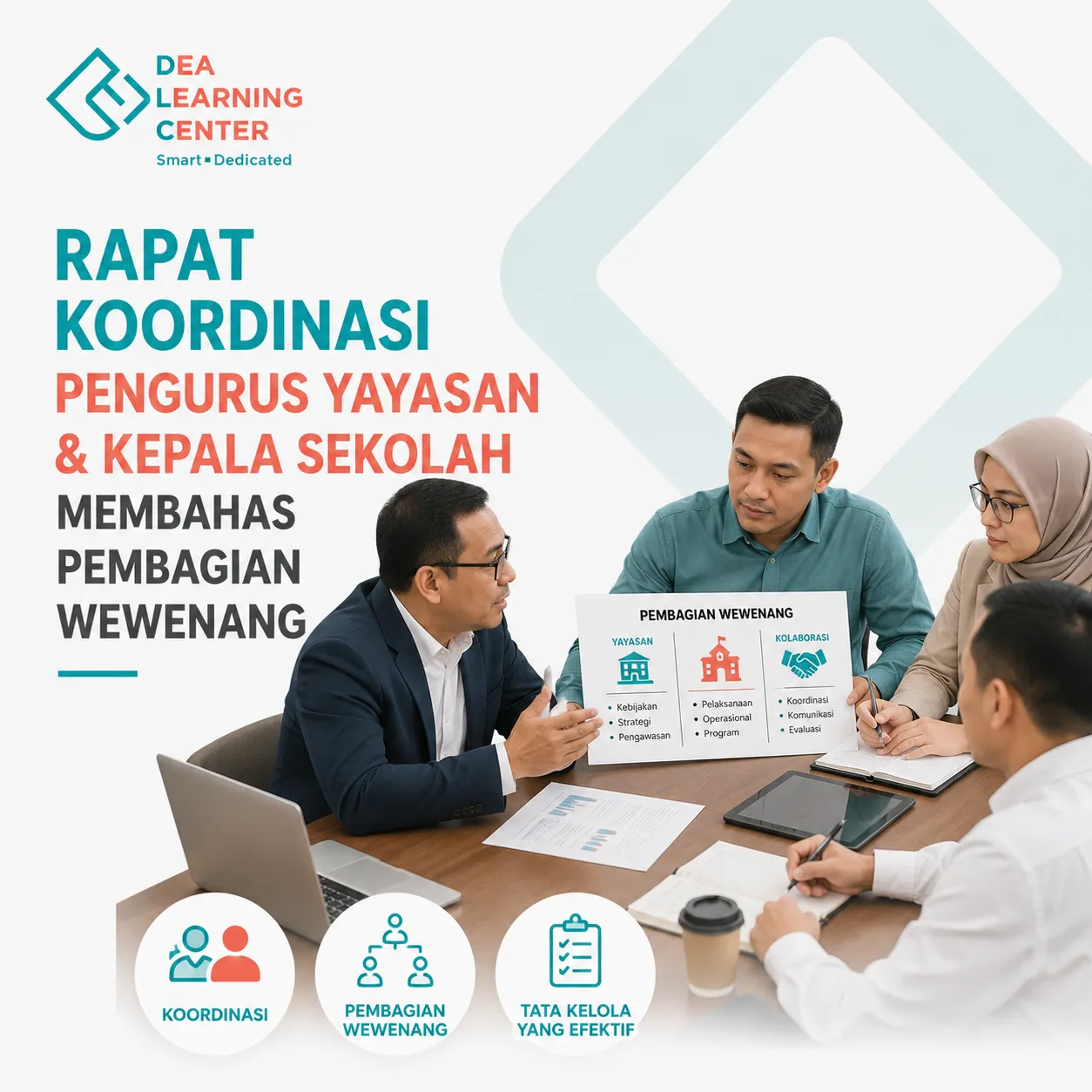 Rapat koordinasi antara pengurus yayasan dan kepala sekolah membahas pembagian wewenang